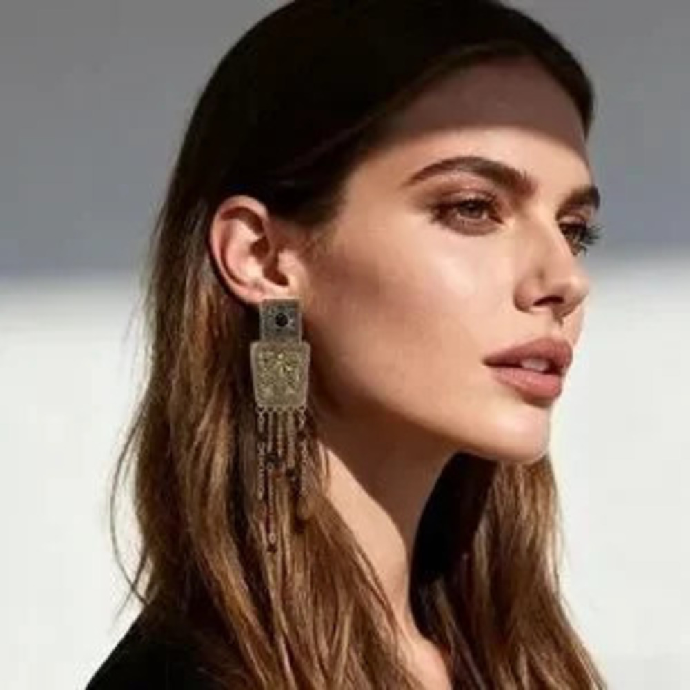 Zara Ethnic Vintage Black Bead Chain Tassel Earrings
